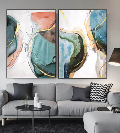 Set of 2 Multicoloured Modern Abstract Framed Art Oil Painting Canvas