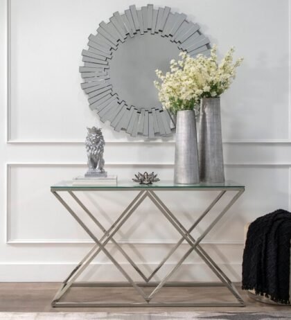 Dalton Console Table in Stainless Steel with Glass Top