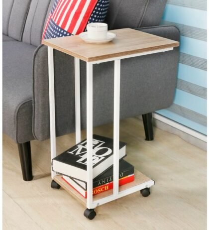Harper Side Table in White Colour with Wooden Top