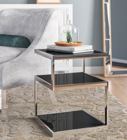 Berta Side Table in Silver and Black Colour with Glass