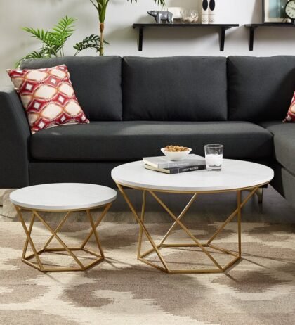 Ellie Metal Center Table in Golden Color with Round Wooden Top (Set-of 2)