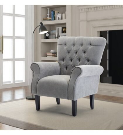 Elle Lounge Chair in Grey Color Velvet, Sofa Chair