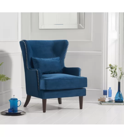 Eva Lounge Chair in Blue Color Velvet