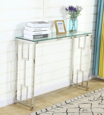 Fuzz Console Table in Stainless Steel with Glass Top