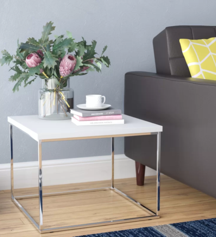 Lyvia Side Table in Stainless Steel with Square White Wooden Top
