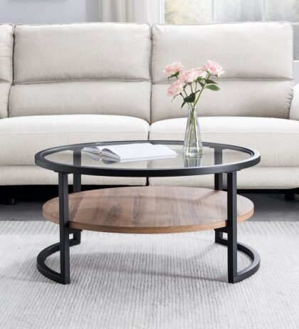 Jenny Center Table in Black Color, Glass Top, Wooden Shelf