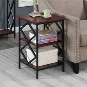 Eric Side Table in Black with Brown Color Wooden Top (3 Tier)