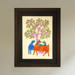 HANDMADE CANVAS PAINTING OF THREE DEERS RESTING UNDER TREE SHADE GOND ART