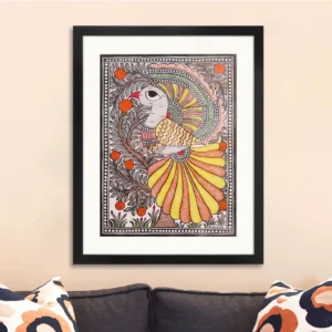 Dancing Peacock -ochre Feathers Madhubani Painting