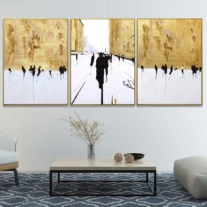 Set of 3 Beautiful Oil Canvas Painting of People Moving around the Streets of NY Modern Art